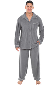 Men's Steel Gray Plush Fleece Pajamas Set, Button Down PJs for Winter