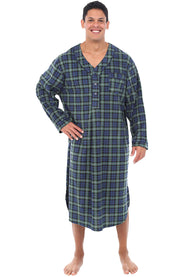 Men's Blue and Green Tartan Plaid Plush Sleep Shirt, Fleece Nightshirt Pajamas Shirt