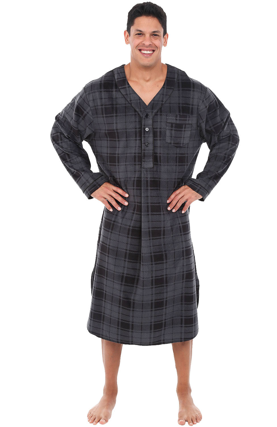 Men's Gray Plaid Plush Sleep Shirt, Fleece Nightshirt Pajamas Shirt