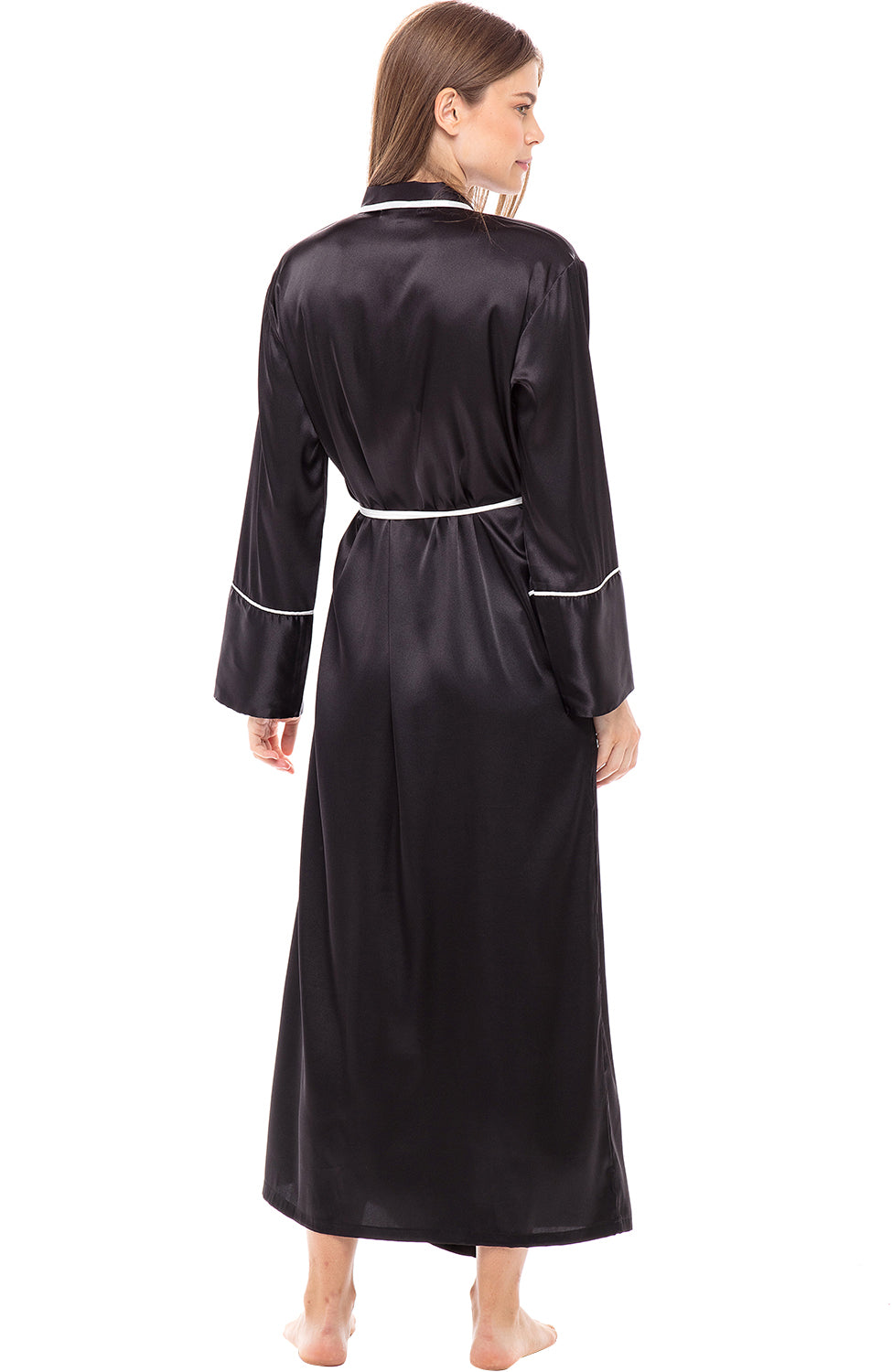 Del Robe ADR Women's Long Satin Robe with Contrast Piping Tie Belt, Pockets ...
