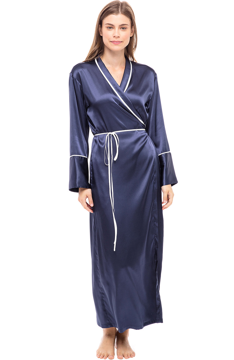 Del Robe ADR Women's Long Satin Robe with Contrast Piping Tie Belt, Pockets ...
