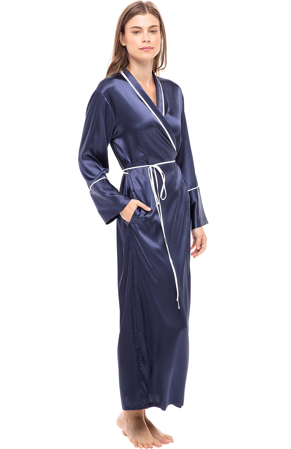 Del Robe ADR Women's Long Satin Robe with Contrast Piping Tie Belt, Pockets ...
