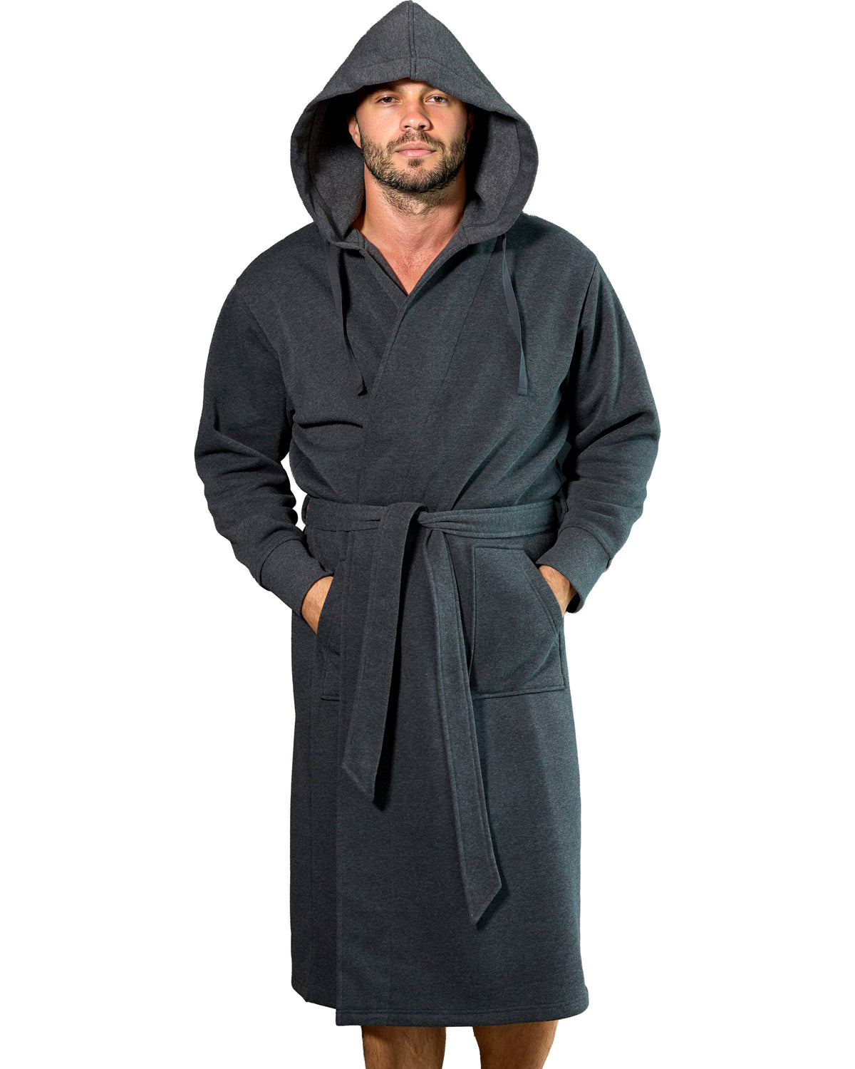 Men's Dark Heathered Gray Classic Hooded Sweatshirt Robe, Winter Bathrobe - Dark Heathered Gray - front view