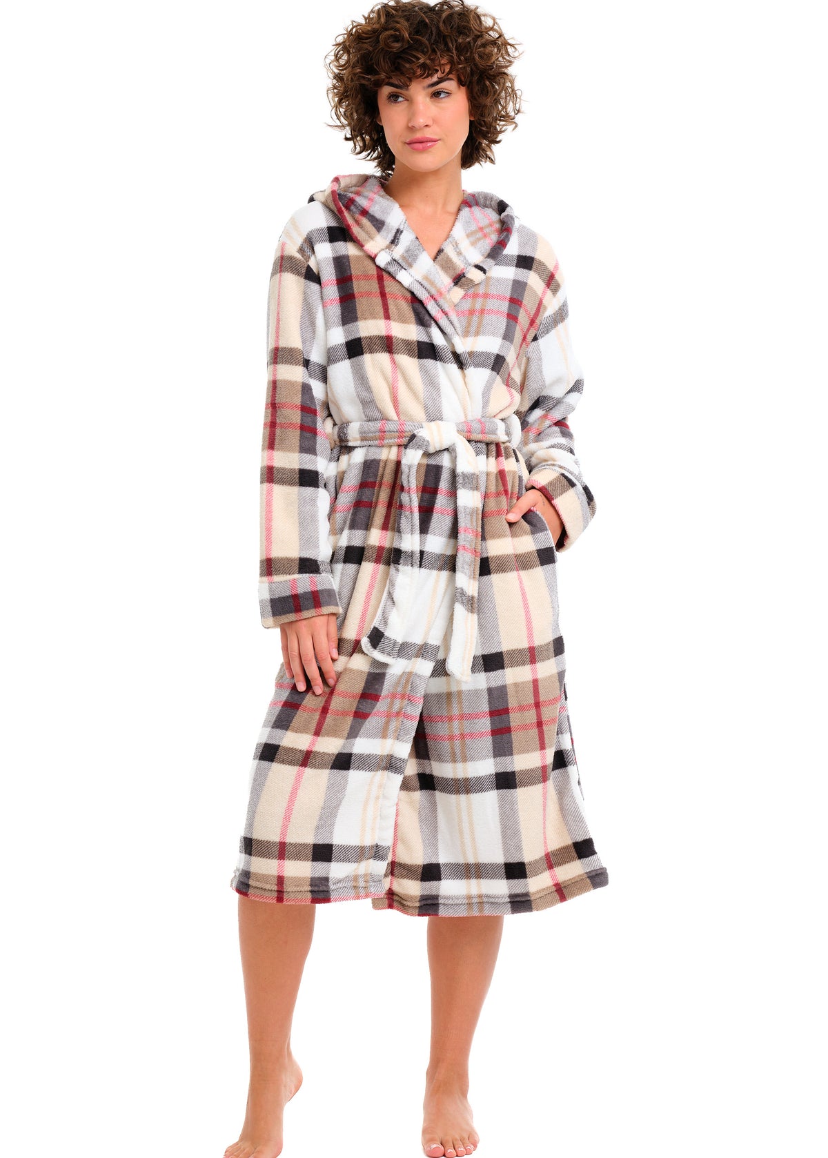 Women's Designer Plaid Plush Fleece Robe with Hood, Lightweight Hooded Bathrobe with Pockets - Designer Plaid - front view