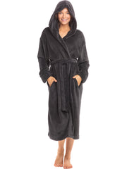 Women's Graphite Gray Plush Fleece Robe with Hood, Lightweight Hooded Bathrobe with Pockets