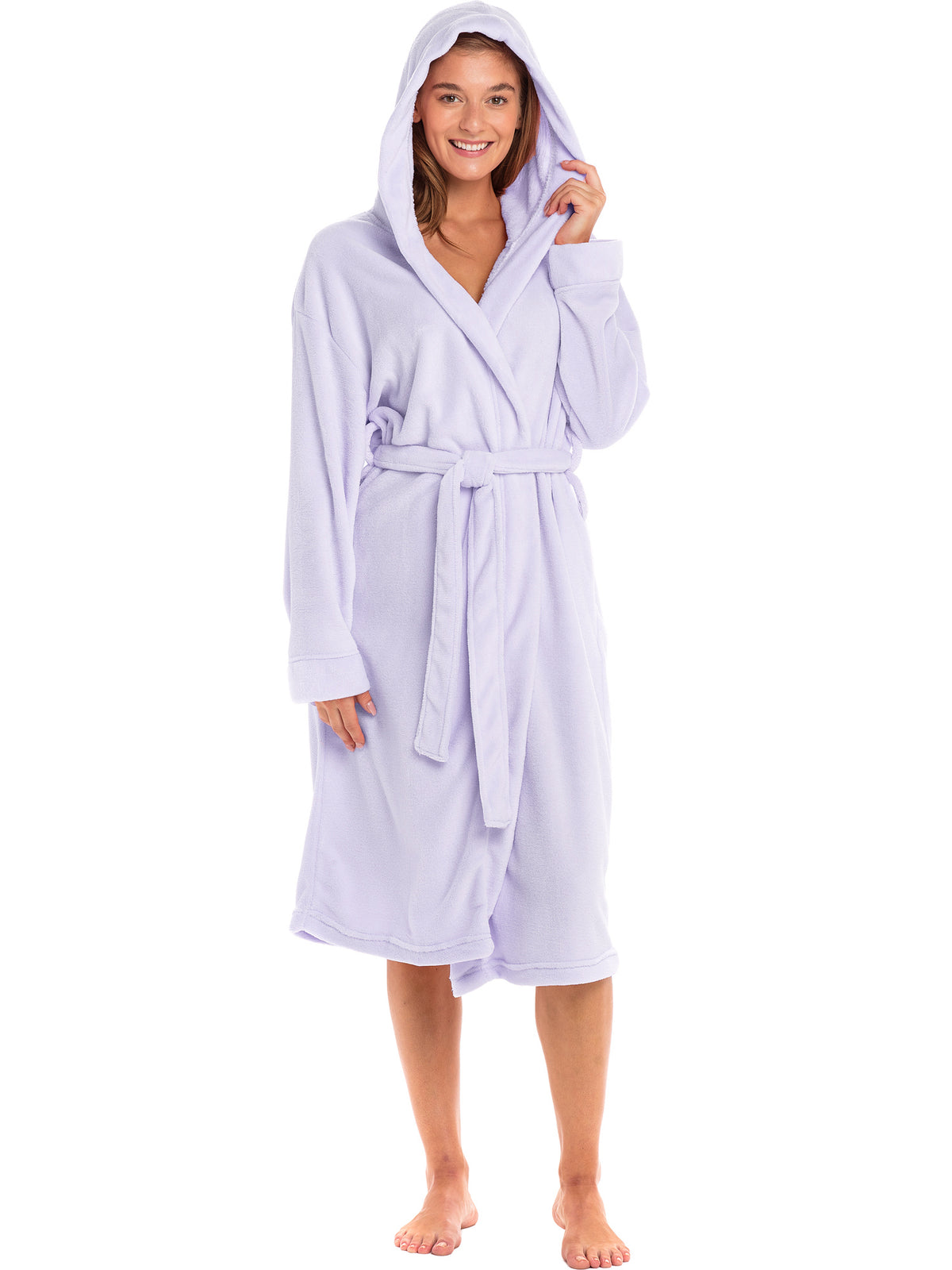 Women's Lavender Plush Fleece Robe with Hood, Lightweight Hooded Bathrobe with Pockets - Lavender - front view