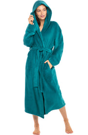 Women's Turquoise Plush Fleece Robe with Hood, Lightweight Hooded Bathrobe with Pockets