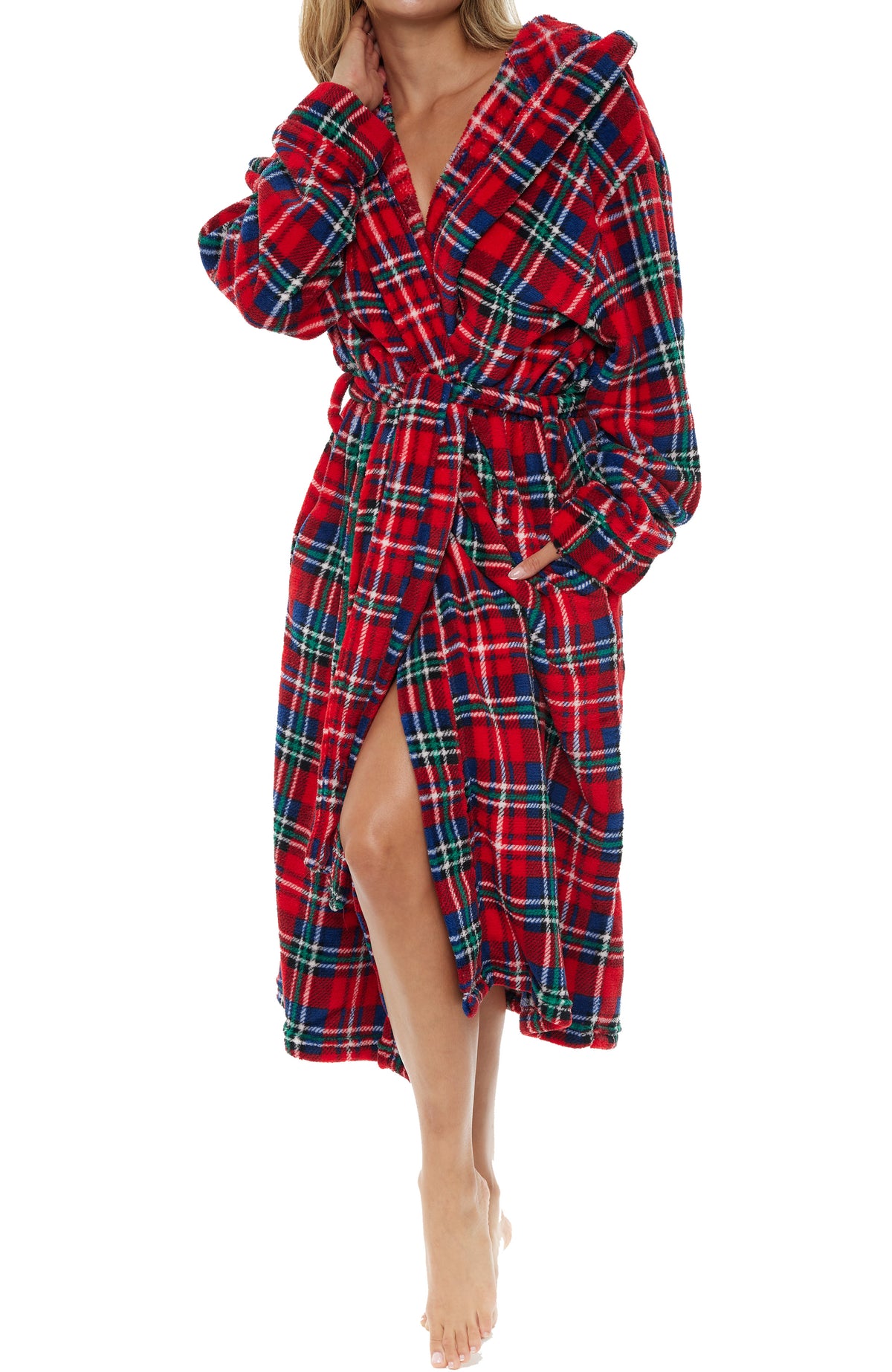 Women's Stewart Tartan Plaid Plush Fleece Robe with Hood, Lightweight Hooded Bathrobe with Pockets - Stewart Tartan Plaid - front view