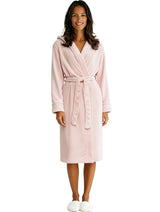 Women's Pink Rose Quartz Plush Fleece Robe with Hood, Lightweight Hooded Bathrobe with Pockets - Pink Rose Quartz - front view