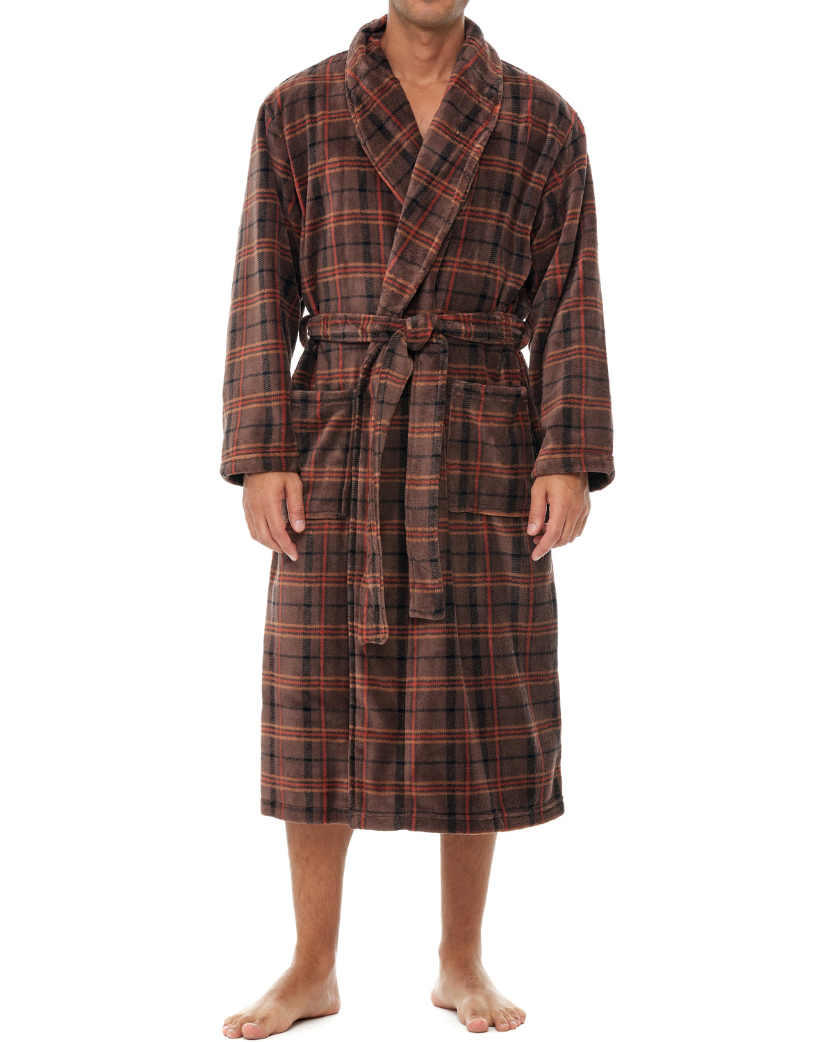 Men's Espresso Plaid Classic Winter Robe, Plush Fleece Bathrobe