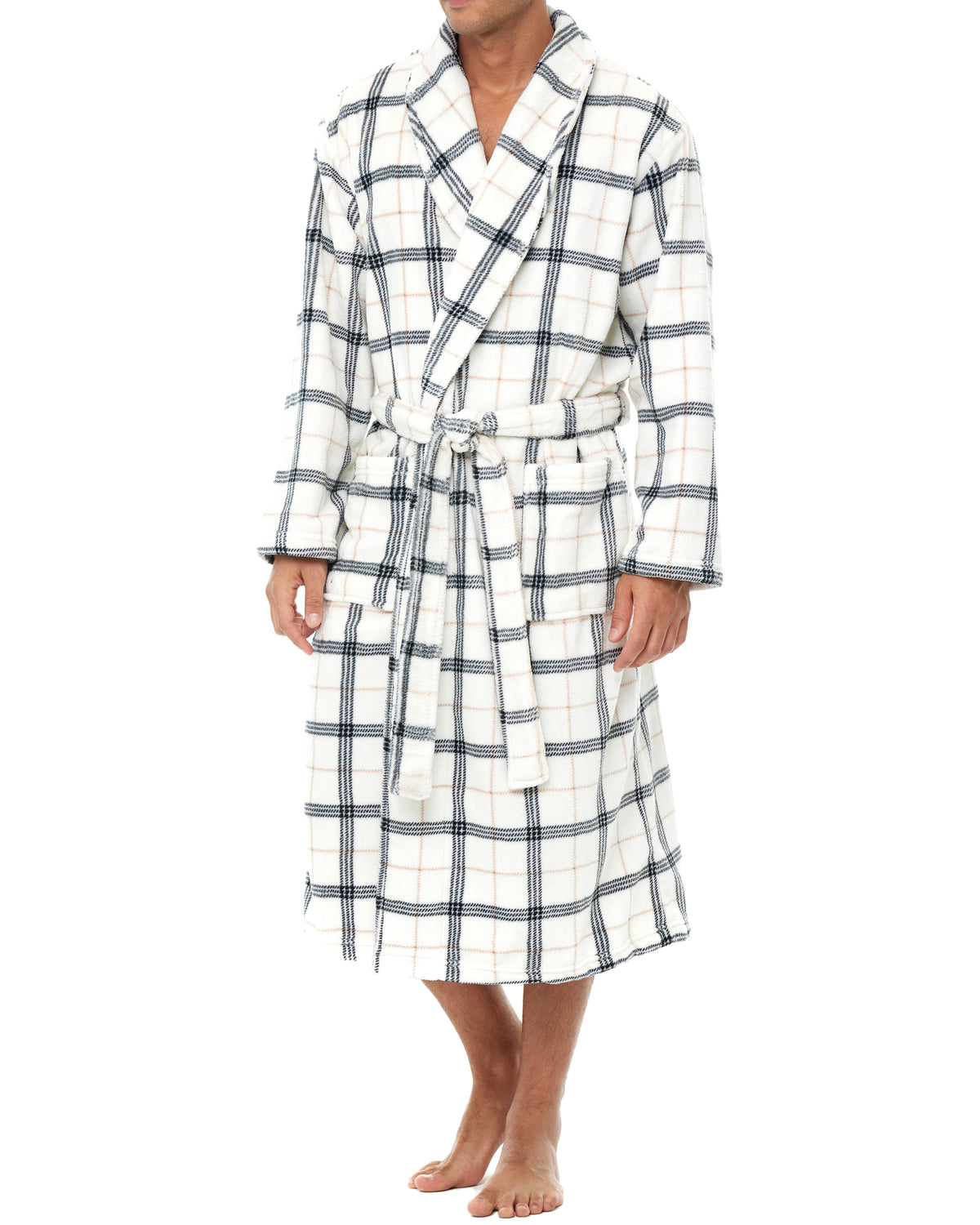 Men's Classic Neutral Plaid Classic Winter Robe, Plush Fleece Bathrobe