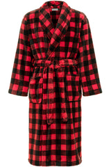 Men's Red Black Buffalo Check Plaid Classic Winter Robe, Plush Fleece Bathrobe