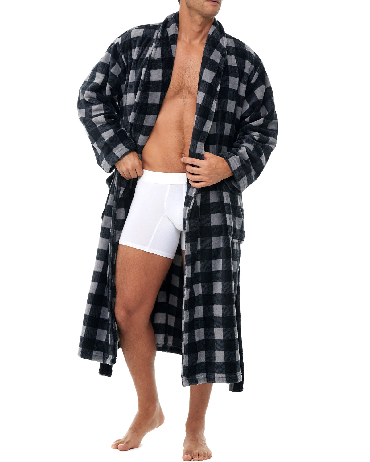 Men's Gray Buffalo Check Classic Winter Robe, Plush Fleece Bathrobe