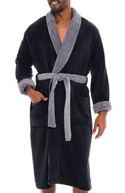 Men's Black with Gray Contrast Classic Winter Robe, Plush Fleece Bathrobe