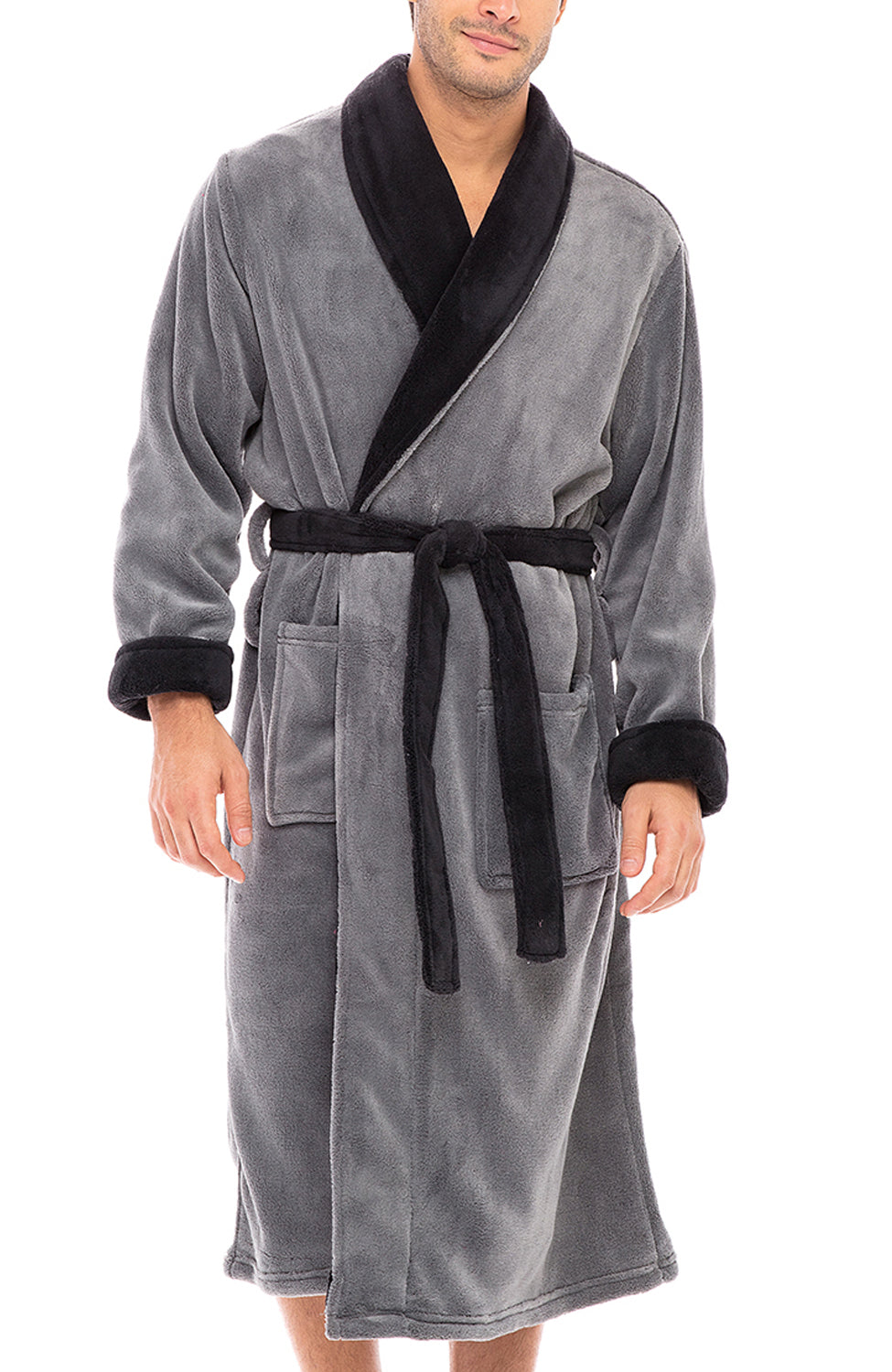 Men's Steel Gray with Black Classic Winter Robe, Plush Fleece Bathrobe