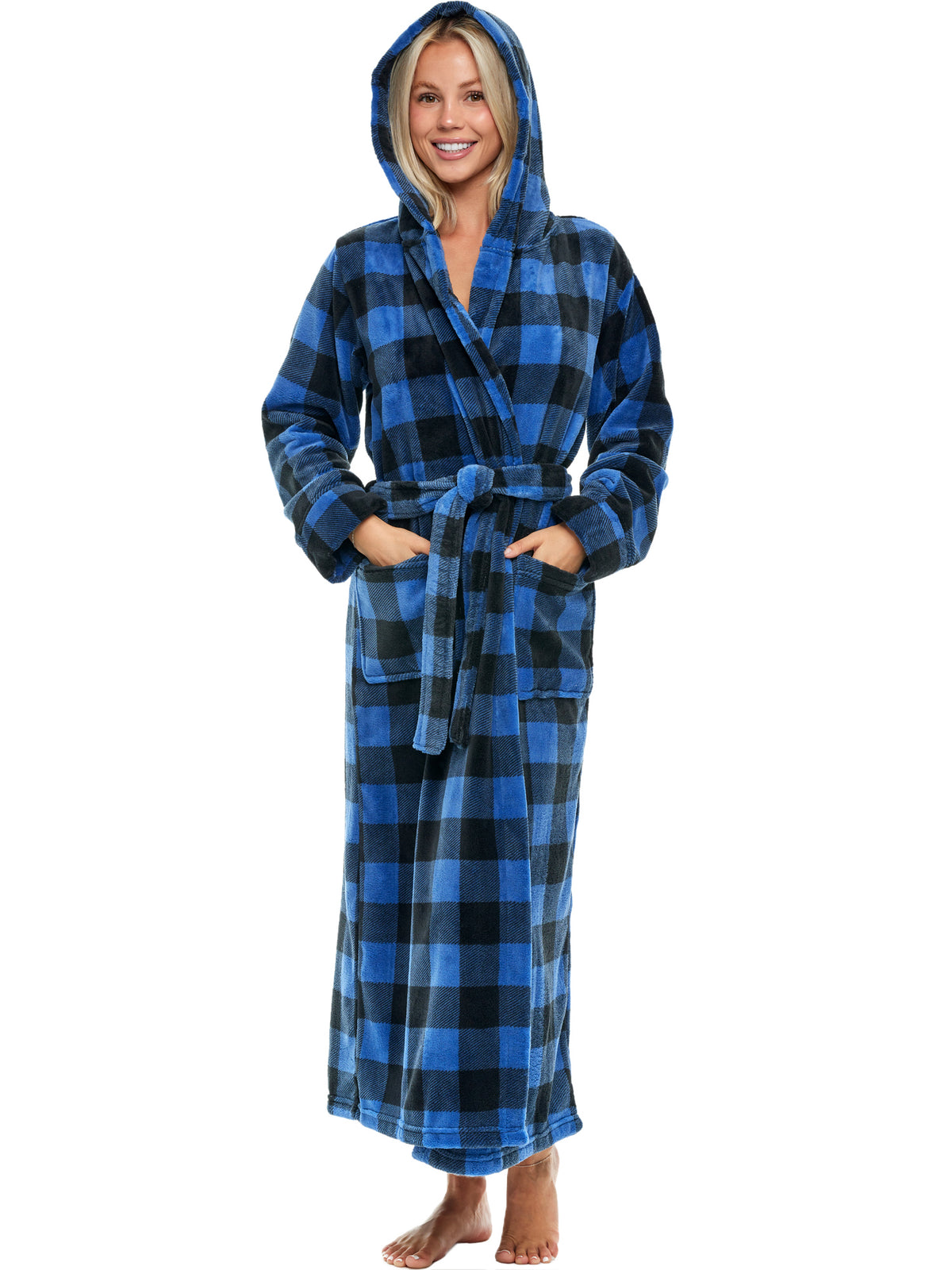 Blue Buffalo Check Plaid Plush Fleece Robe for Women, Long Hooded Bathrobe with Hood, Plus Size