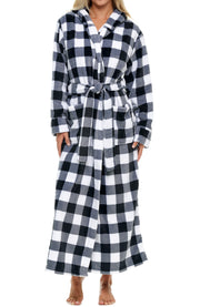 Buffalo Check White Black Plaid Plush Fleece Robe for Women, Long Hooded Bathrobe with Hood, Plus Size