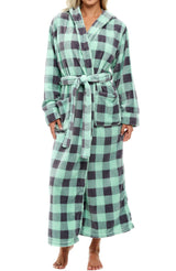 Buffalo Check Sage Gray Plaid Plush Fleece Robe for Women, Long Hooded Bathrobe with Hood, Plus Size
