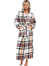 Designer Plaid Plush Fleece Robe for Women, Long Hooded Bathrobe with Hood, Plus Size