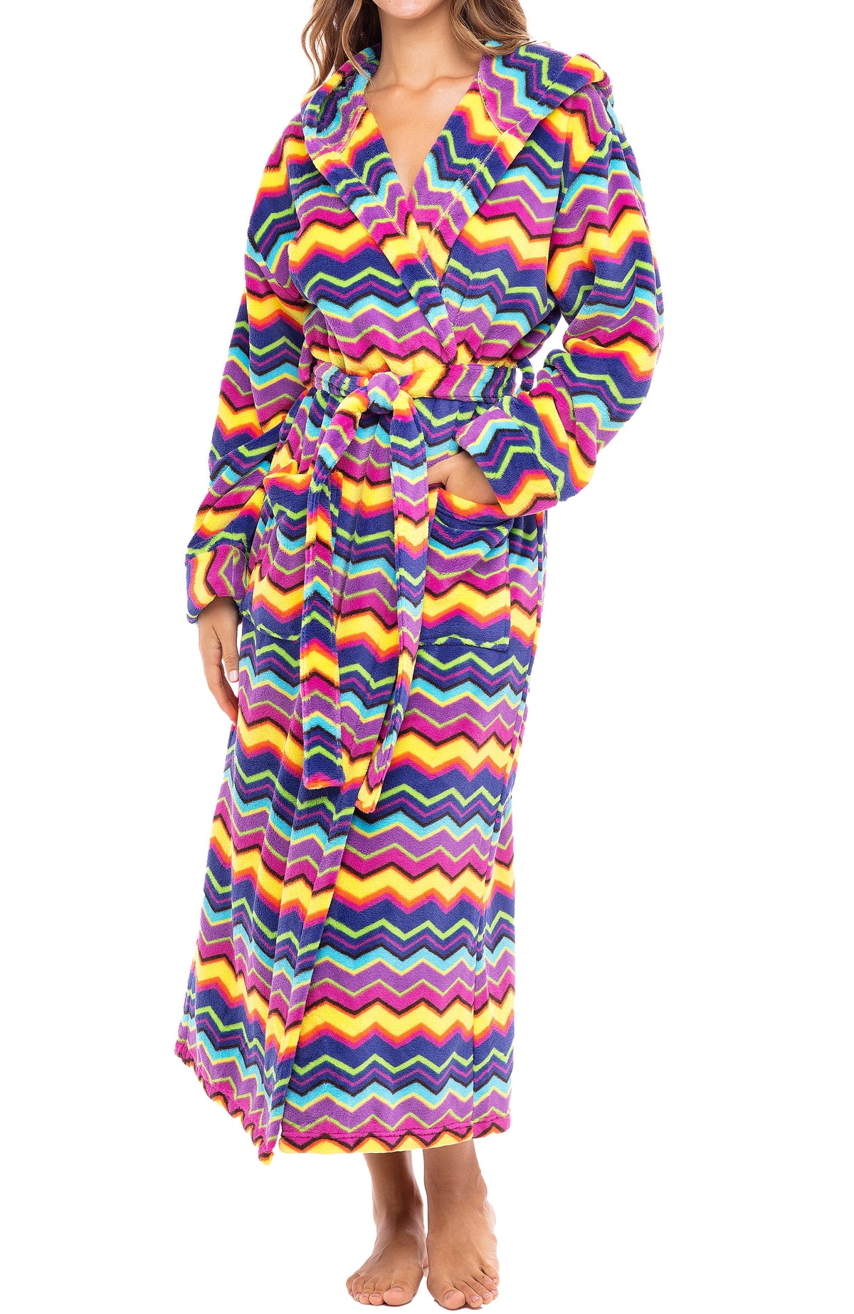 Psychedelic Chevron Fusion Plush Fleece Robe for Women, Long Hooded Bathrobe with Hood, Plus Size