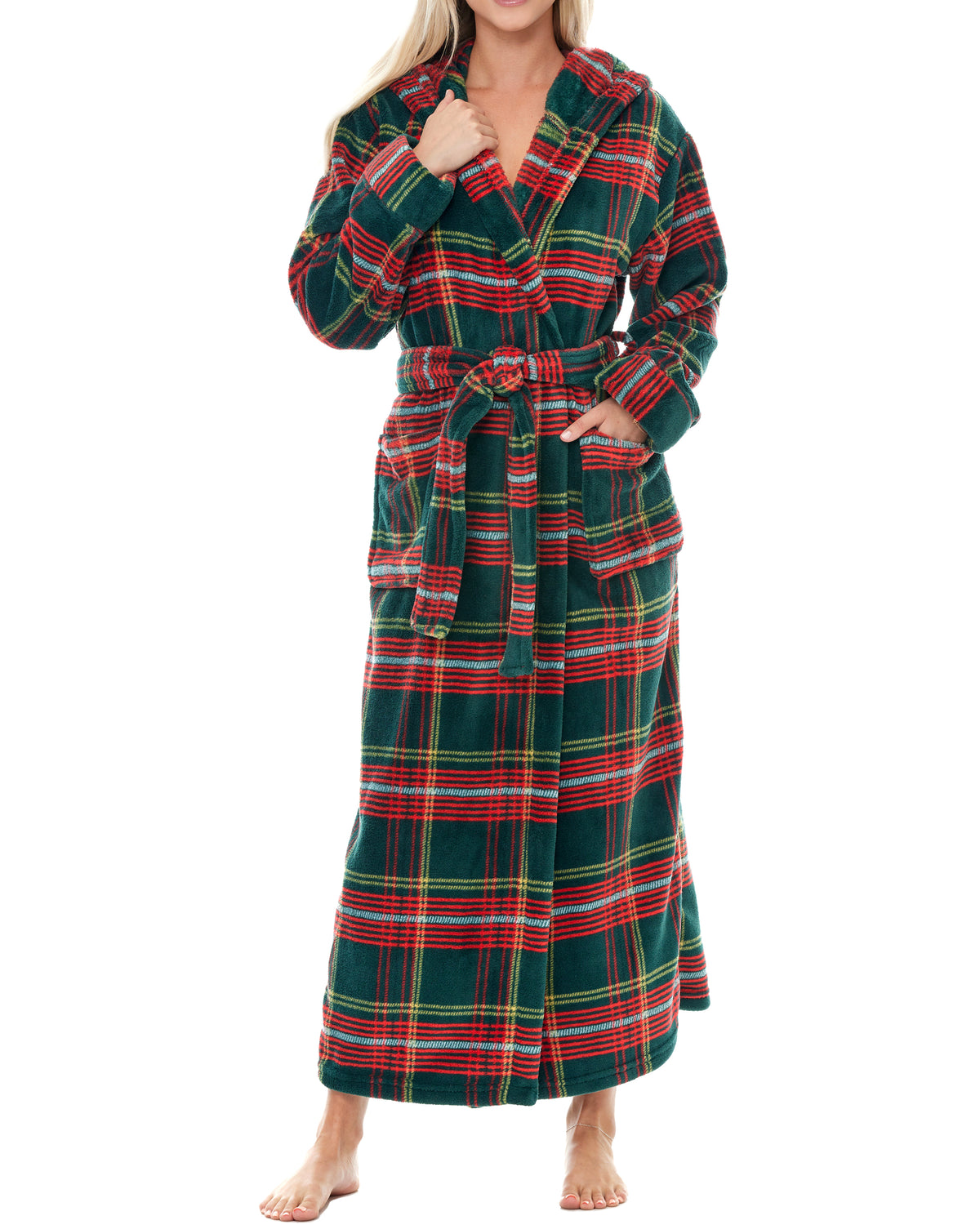 Forest Tartan Plaid Plush Fleece Robe for Women, Long Hooded Bathrobe with Hood, Plus Size