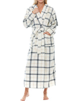 Classic Neutral Plaid Plush Fleece Robe for Women, Long Hooded Bathrobe with Hood, Plus Size