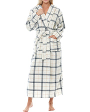 Classic Neutral Plaid Plush Fleece Robe for Women, Long Hooded Bathrobe with Hood, Plus Size