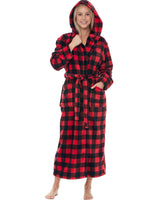 Red Black Buffalo Check Plaid Plush Fleece Robe for Women, Long Hooded Bathrobe with Hood, Plus Size