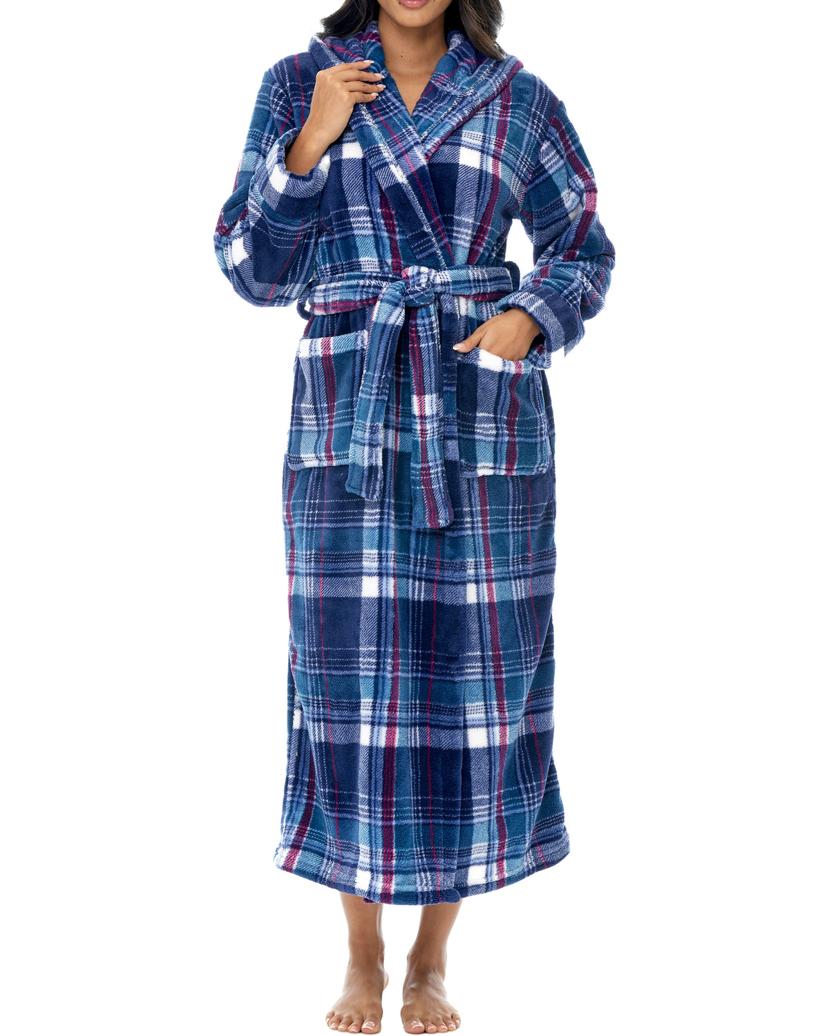 Purple Tartan Plaid Plush Fleece Robe for Women, Long Hooded Bathrobe with Hood, Plus Size