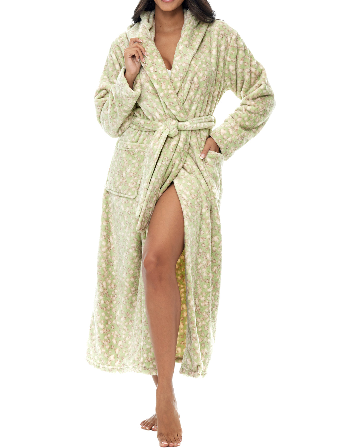 Vintage Floral Plush Fleece Robe for Women, Long Hooded Bathrobe with Hood, Plus Size