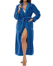Twilight Gingham Check Plush Fleece Robe for Women, Long Hooded Bathrobe with Hood, Plus Size