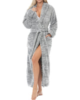 Light Heathered Gray Plush Fleece Robe for Women, Long Hooded Bathrobe with Hood, Plus Size