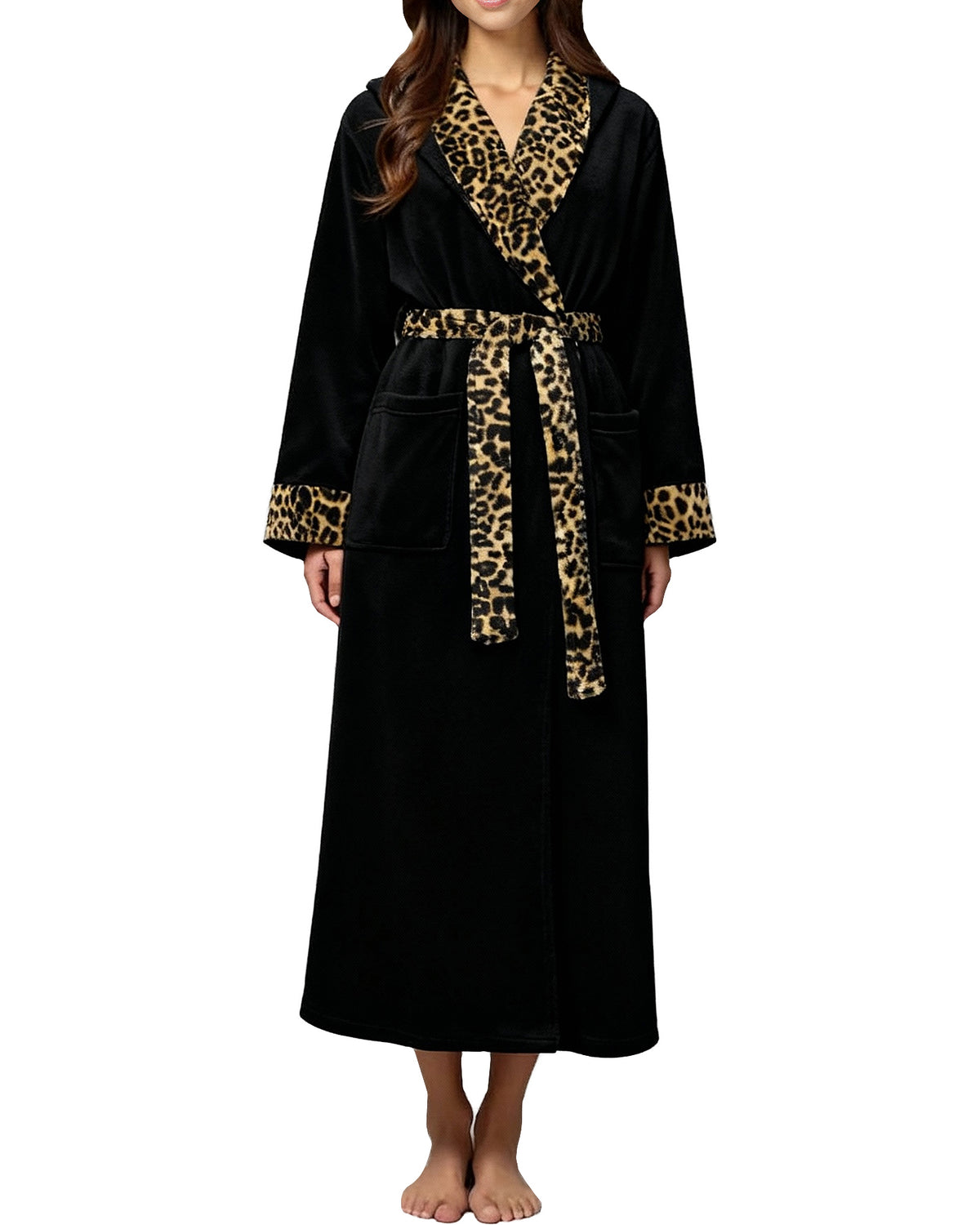 Leopard Print Accents Plush Fleece Robe for Women, Long Hooded Bathrobe with Hood, Plus Size