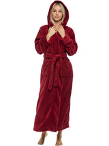 Burgundy Plush Fleece Robe for Women, Long Hooded Bathrobe with Hood, Plus Size