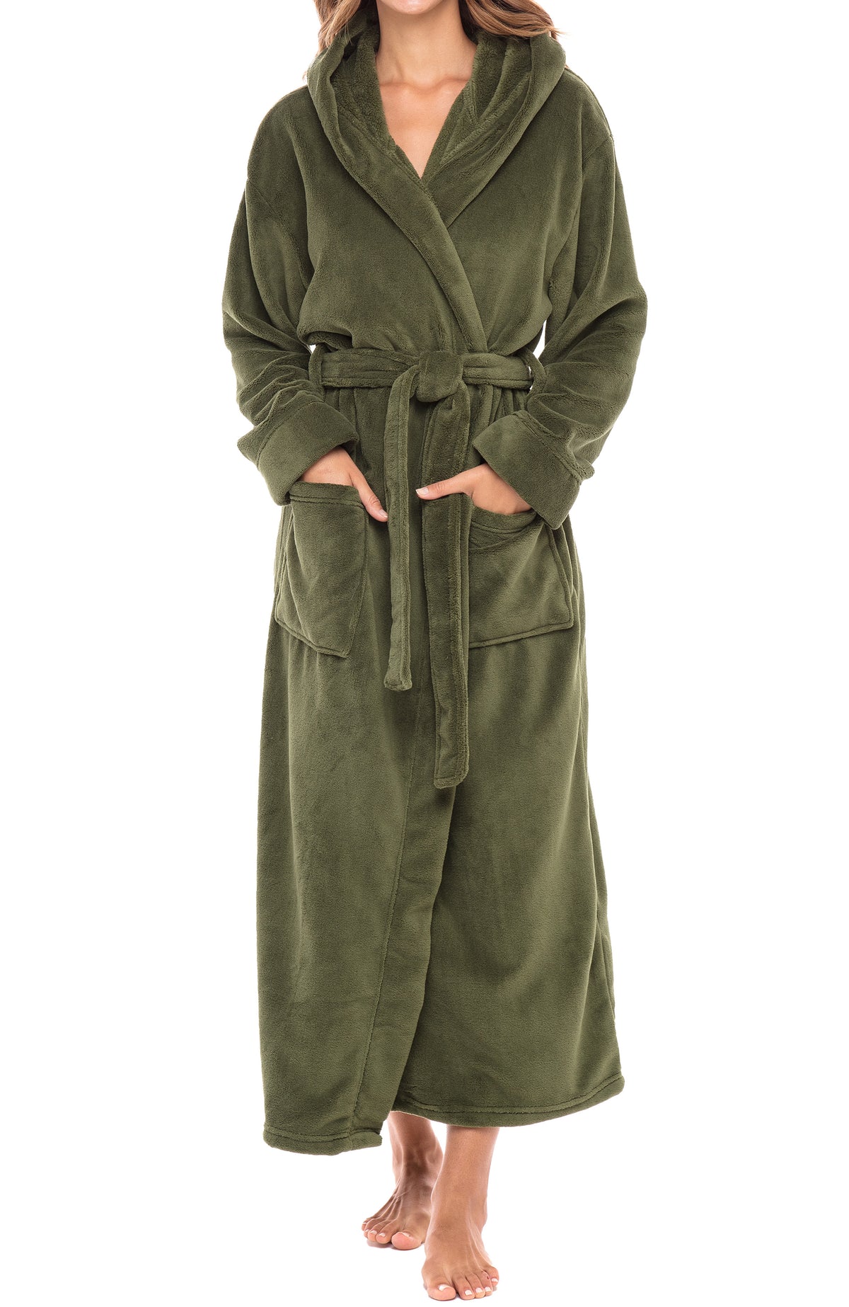 Army Green Plush Fleece Robe for Women, Long Hooded Bathrobe with Hood, Plus Size