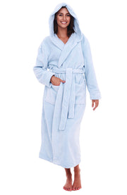 Light Blue Plush Fleece Robe for Women, Long Hooded Bathrobe with Hood, Plus Size