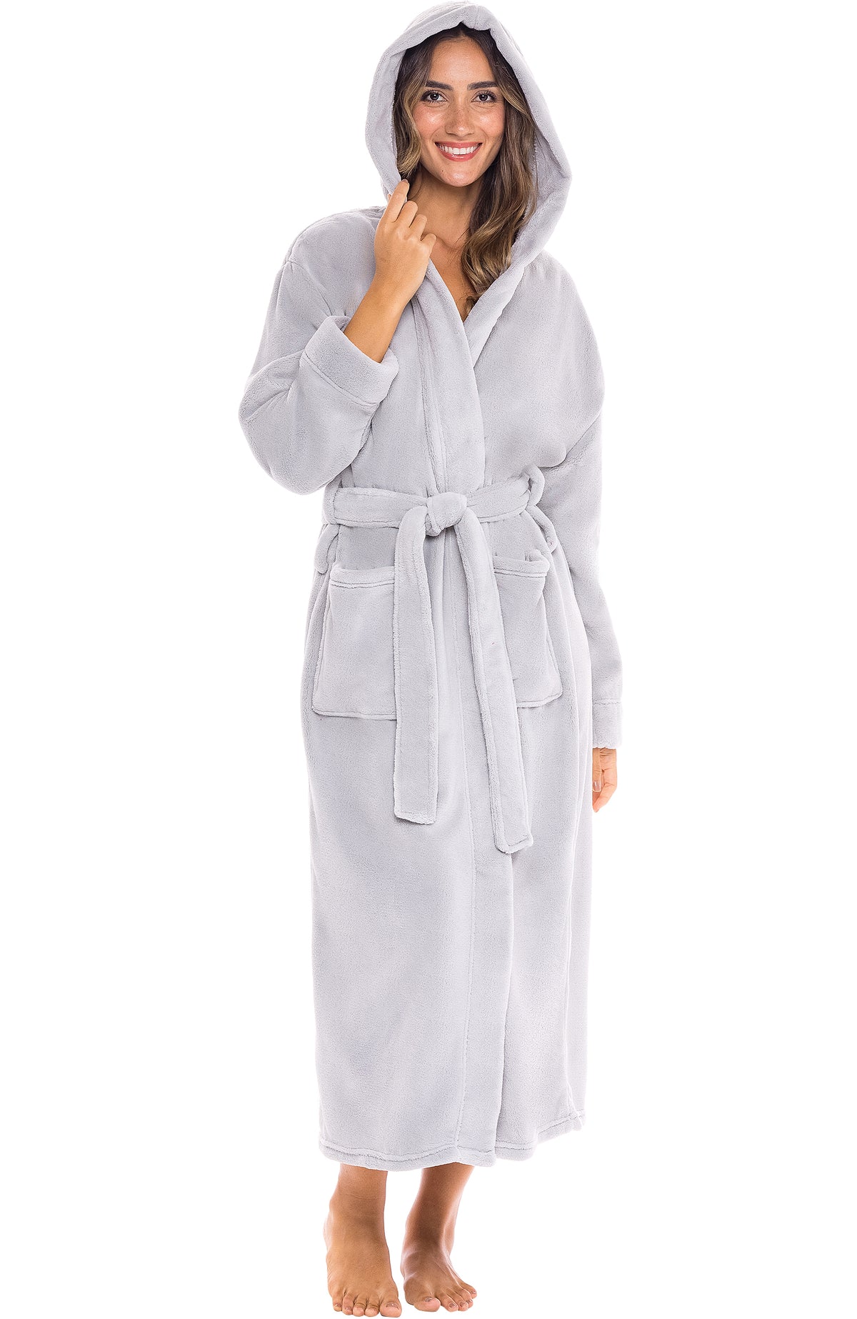Light Gray Plush Fleece Robe for Women, Long Hooded Bathrobe with Hood, Plus Size