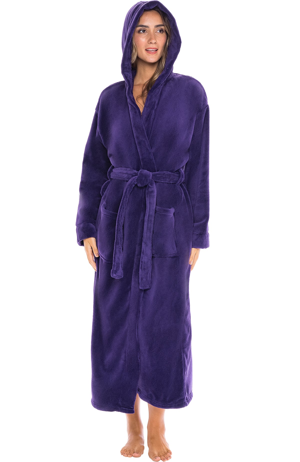 Purple Plush Fleece Robe for Women, Long Hooded Bathrobe with Hood, Plus Size