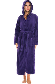 Purple Plush Fleece Robe for Women, Long Hooded Bathrobe with Hood, Plus Size