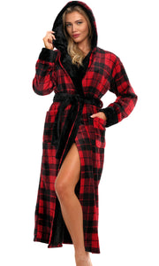 Red Black Plaid Contrast Plush Fleece Robe for Women, Long Hooded Bathrobe with Hood, Plus Size