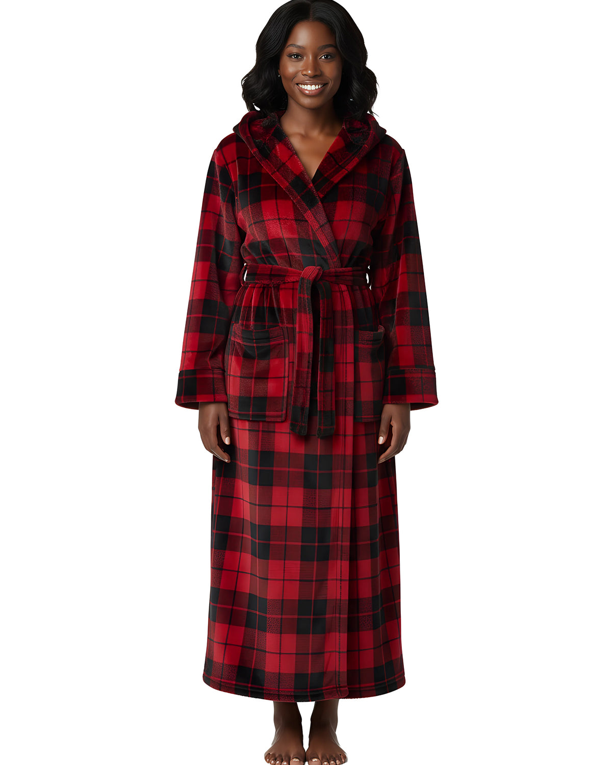 Red Black Plaid Plush Fleece Robe for Women, Long Hooded Bathrobe with Hood, Plus Size
