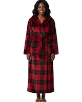 Red Black Plaid Plush Fleece Robe for Women, Long Hooded Bathrobe with Hood, Plus Size