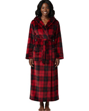 Red Black Plaid Plush Fleece Robe for Women, Long Hooded Bathrobe with Hood, Plus Size