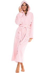 Pink Rose Quartz Plush Fleece Robe for Women, Long Hooded Bathrobe with Hood, Plus Size