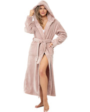 Rose Taupe Plush Fleece Robe for Women, Long Hooded Bathrobe with Hood, Plus Size