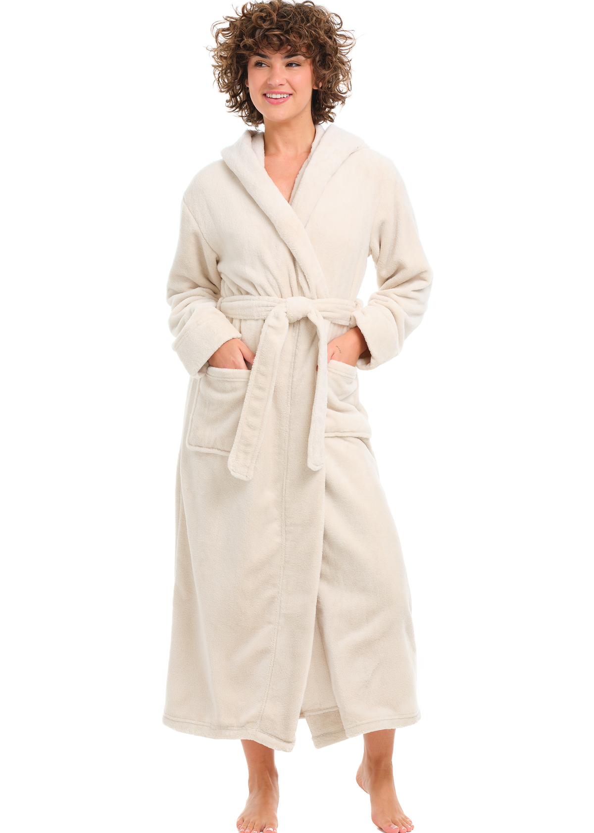 Vanilla Plush Fleece Robe for Women, Long Hooded Bathrobe with Hood, Plus Size