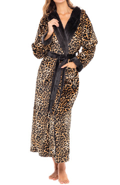 Leopard Print Plush Fleece Robe for Women, Long Hooded Bathrobe with Hood, Plus Size
