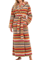 Aztec Inpsired Sunrise Plush Fleece Robe for Women, Long Hooded Bathrobe with Hood, Plus Size