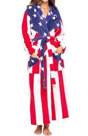 US Flag Plush Fleece Robe for Women, Long Hooded Bathrobe with Hood, Plus Size