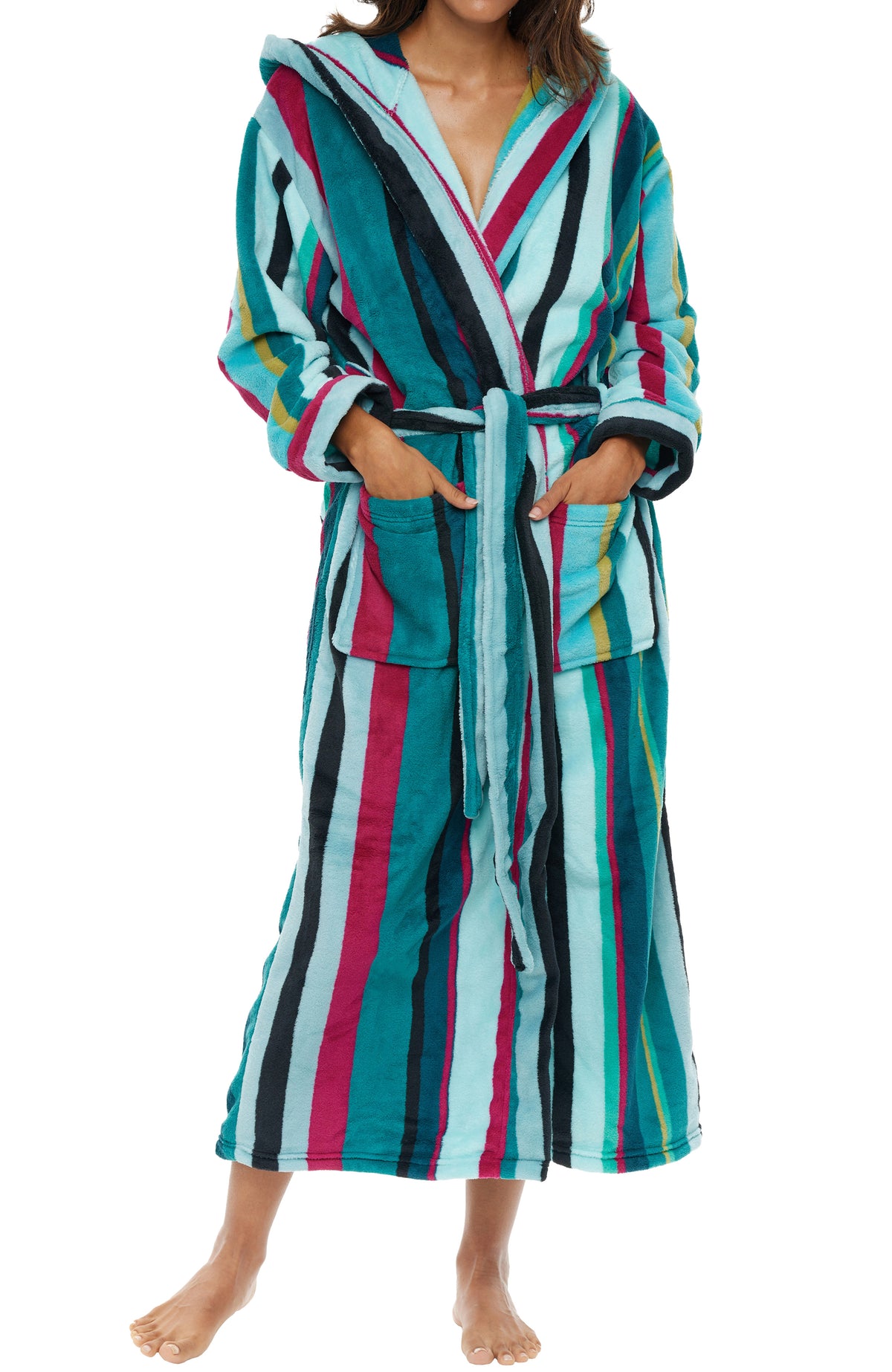 Plush Fleece Robe for Women, Long Hooded Bathrobe with Hood, Plus Size in Stripe and Leopard Print